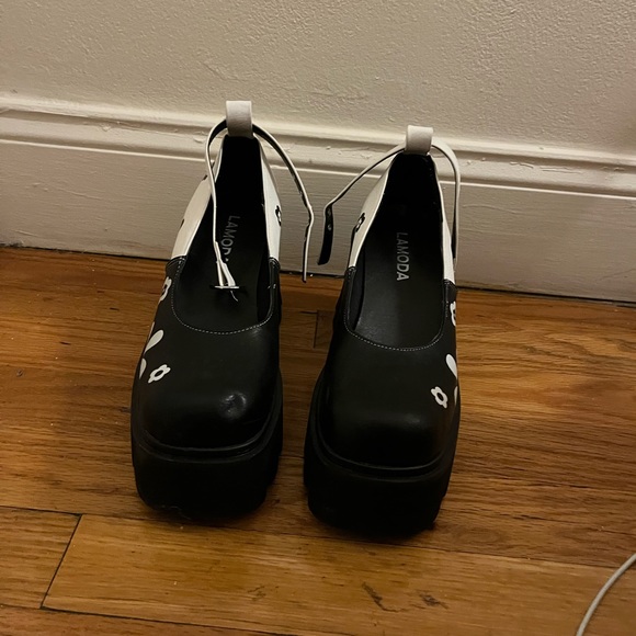 platform mary jane flower black and white emo goth pink girly floral women’s - Picture 2 of 5